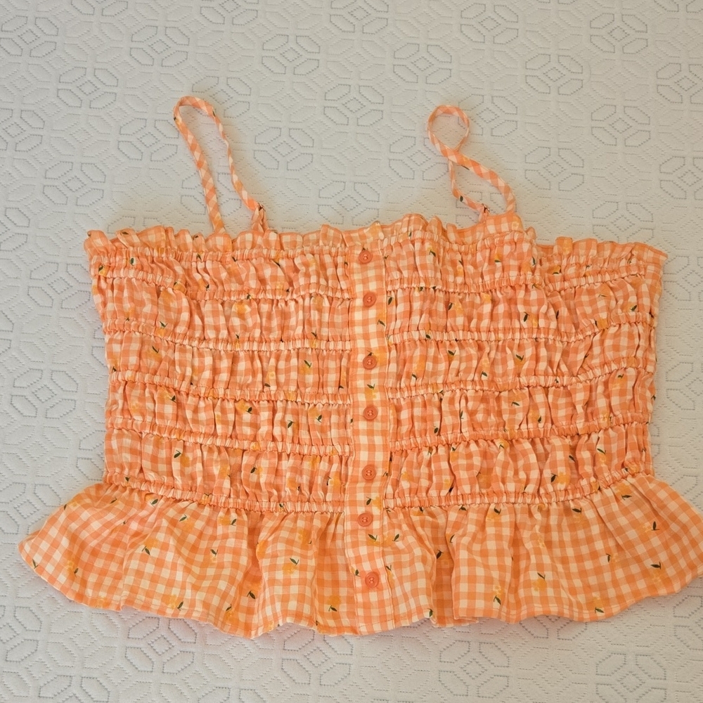 Greylin Orange Gingham Smocked Top